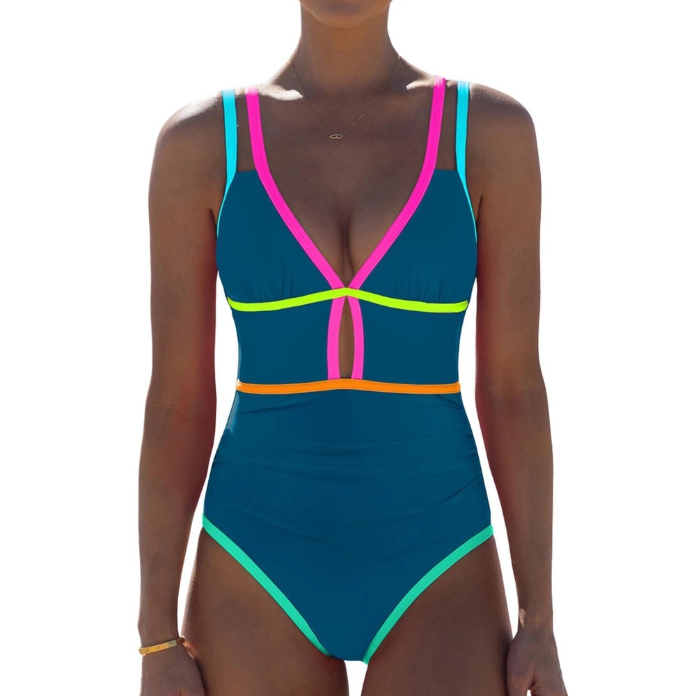 NWT Popvil One Piece Neon Color Block Tummy Control Cutout Swimsuit- XL‎